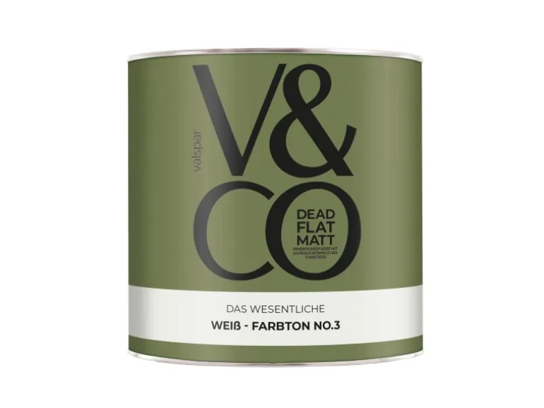 V&CO Premium-Innenfarbe Dead Flat Matt Weiß Farbton 3 Das Wesentliche 2,5 l