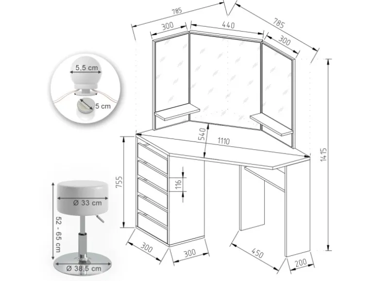 Vicco Eckschminktisch Arielle Weiß 110 cm mit Hocker