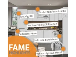 Vicco Fame-Line Küchenschränke Dunkelblau Hochglanz/Anthrazit 200 cm AP Eiche ohne E-Geräte