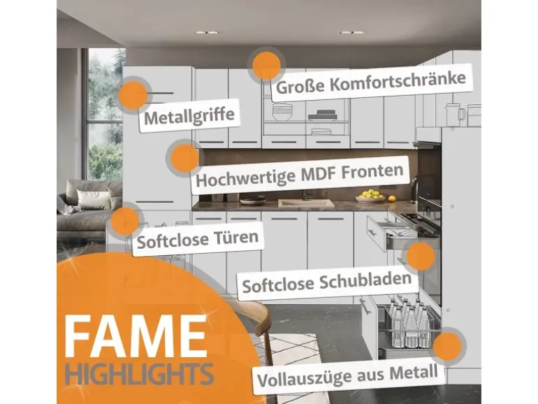Vicco Fame-Line Küchenschränke Dunkelblau Hochglanz/Anthrazit 200 cm AP Eiche ohne E-Geräte