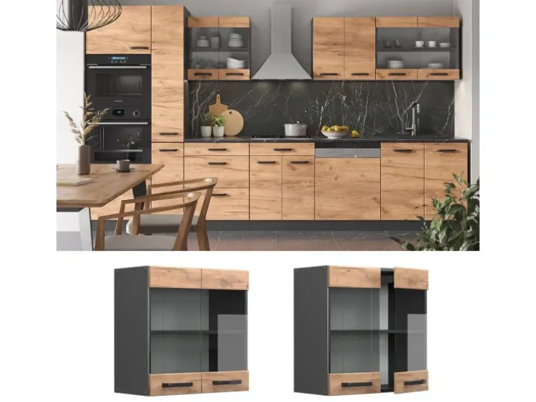 Vicco Küchenglasschrank R-Line Glashängeschrank Goldkraft Eiche/Anthrazit 60 cm