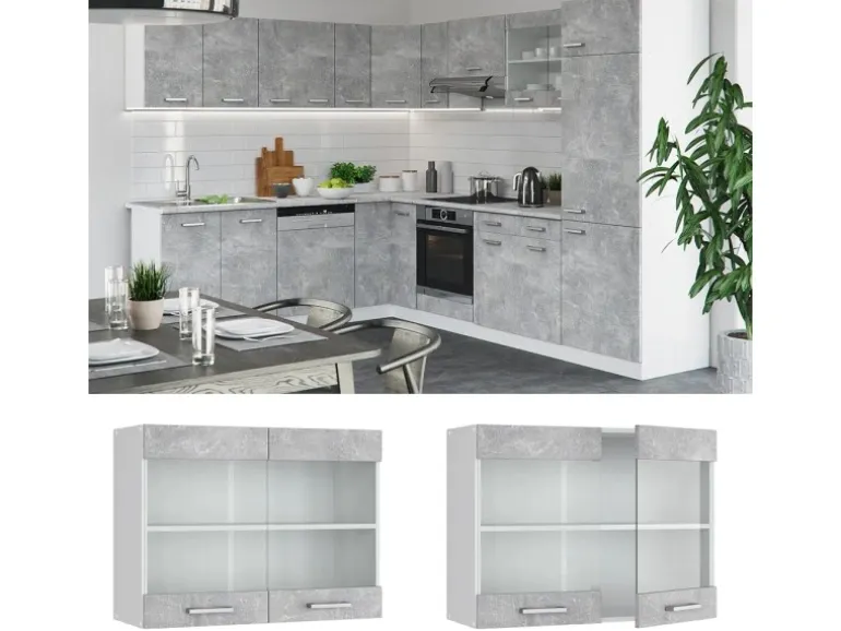 Vicco Küchenglasschrank R-Line Glashängeschrank Beton/Weiß 80 cm