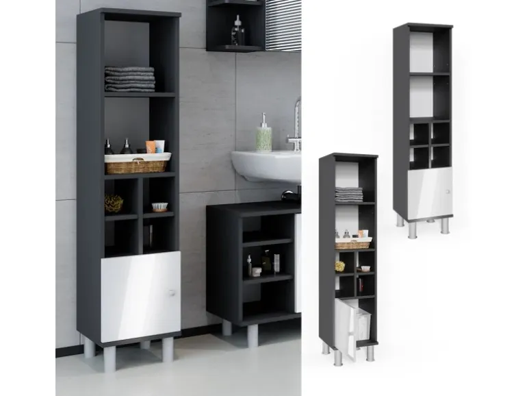 Vicco Midischrank Fynn Weiß Hochglanz/Anthrazit 30 x 131 cm Kleine Tür