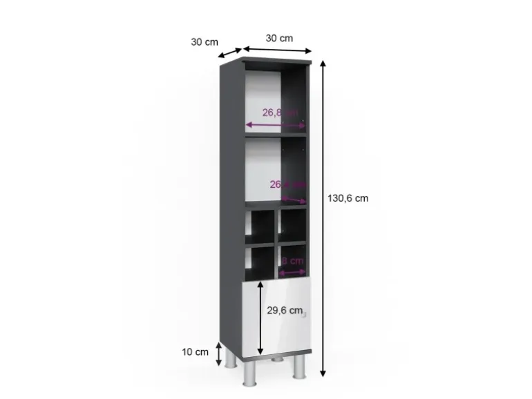 Vicco Midischrank Fynn Weiß Hochglanz/Anthrazit 30 x 131 cm Kleine Tür