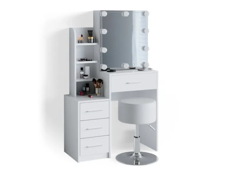 Vicco Schminktisch Conrada Weiß 36 cm mit LED Beleuchtung und Hocker