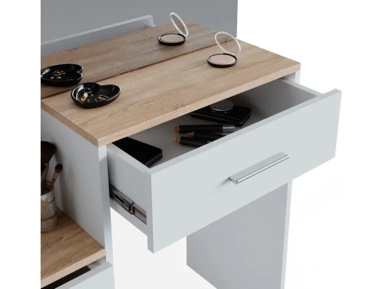 Vicco Schminktisch Conrada Weiß/Sonoma/Sonoma 36 cm mit LED Beleuchtung und Hocker