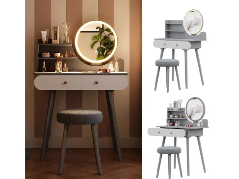 Vicco Schminktisch Edda Grau 80 cm mit LED Beleuchtung und Hocker
