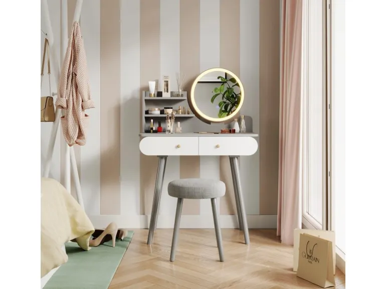 Vicco Schminktisch Edda Grau 80 cm mit LED Beleuchtung und Hocker