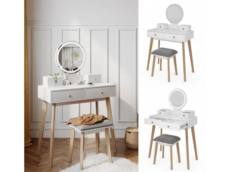 Vicco Schminktisch Finya Weiß 80 cm mit LED Spiegel und Hocker