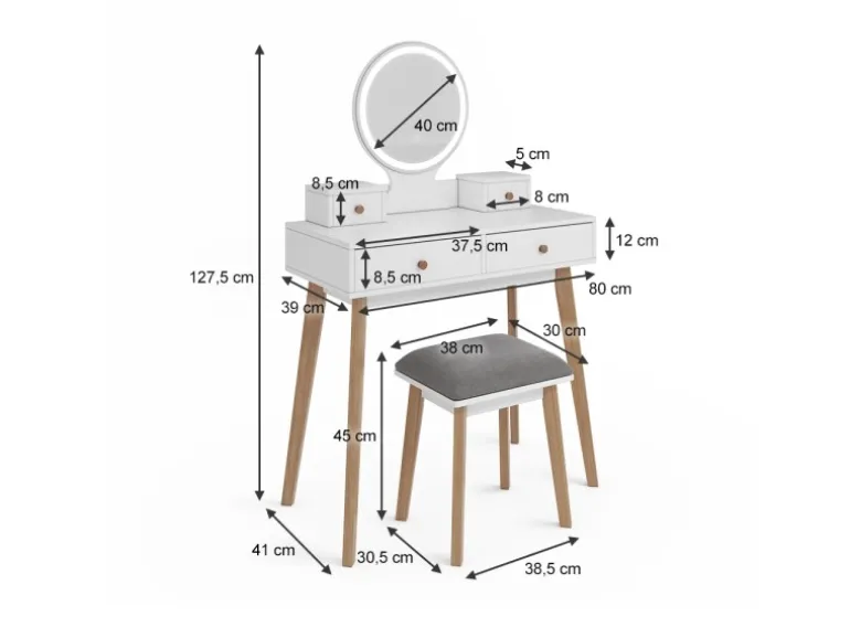 Vicco Schminktisch Finya Weiß 80 cm mit LED Spiegel und Hocker