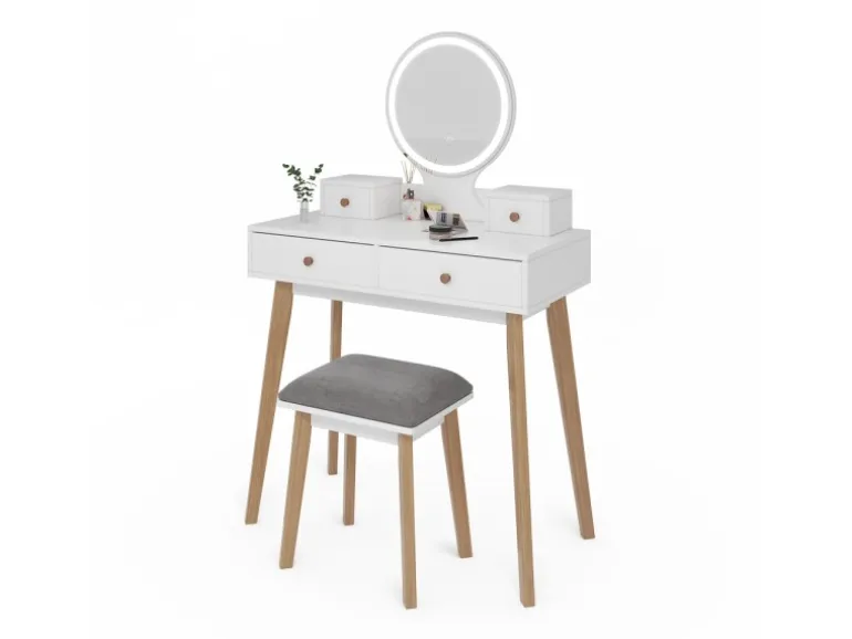 Vicco Schminktisch Finya Weiß 80 cm mit LED Spiegel und Hocker