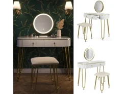 Vicco Schminktisch Grace Weiß Hochglanz 100 cm mit LED Beleuchtung und Hocker