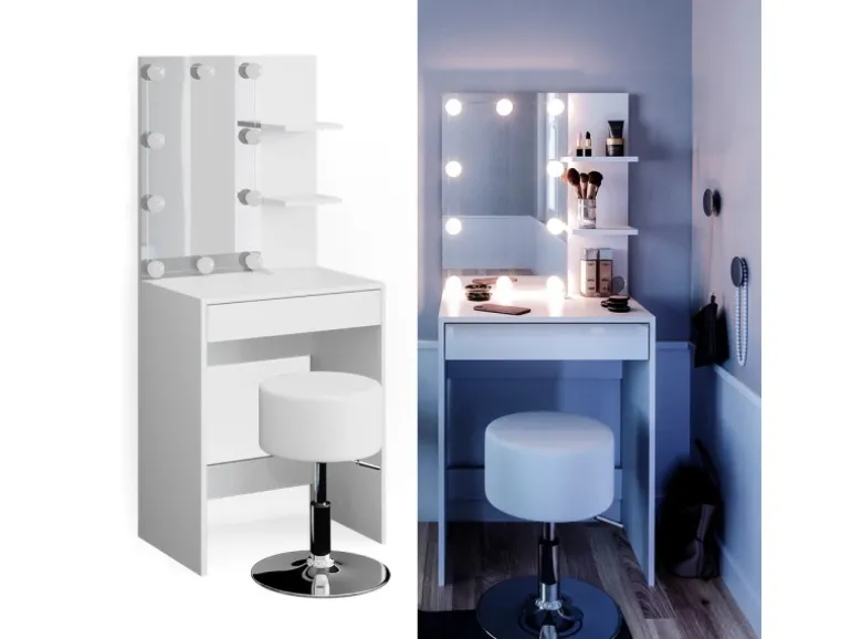 Vicco Schminktisch Isabelle Weiß 60 cm mit LED Beleuchtung und Hocker