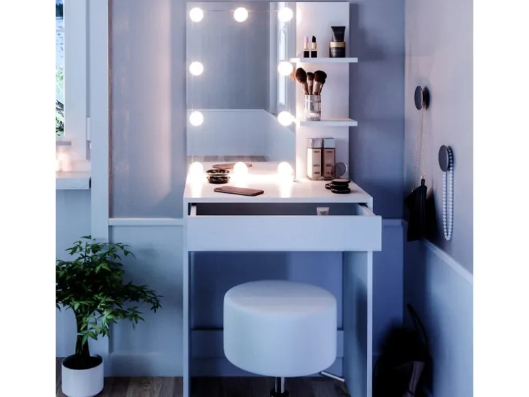 Vicco Schminktisch Isabelle Weiß 60 cm mit LED Beleuchtung und Hocker