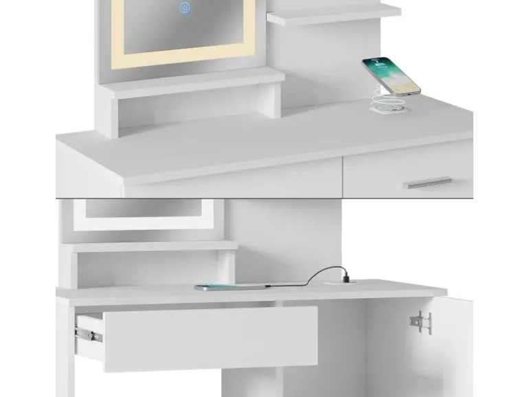 Vicco Schminktisch Julia Weiß 90 cm mit LED-Spiegel QI-Ladegerät und Hocker