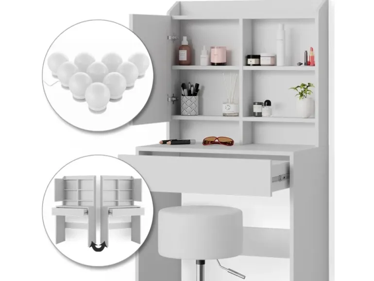 Vicco Schminktisch Laura Weiß 70 cm mit LED Beleuchtung und Hocker