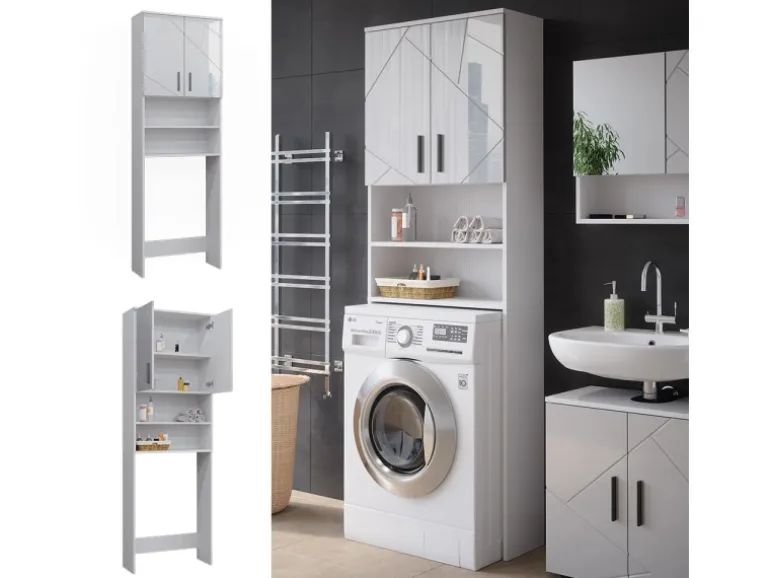 Vicco Waschmaschinenschrank Irma Weiß Hochglanz/Weiß 64 x 191 cm Badezimmerschrank für die Waschmaschine