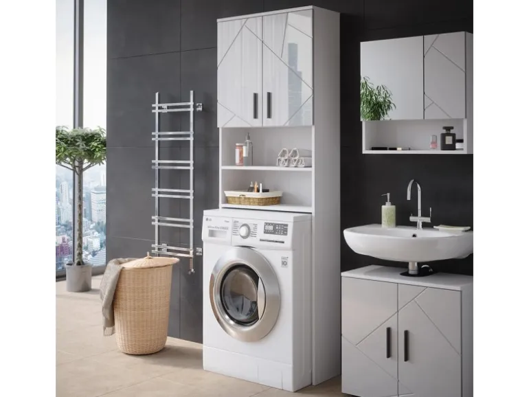 Vicco Waschmaschinenschrank Irma Weiß Hochglanz/Weiß 64 x 191 cm Badezimmerschrank für die Waschmaschine