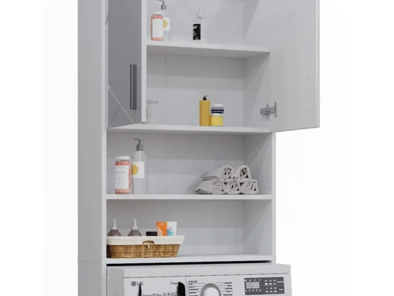 Vicco Waschmaschinenschrank Irma Weiß Hochglanz/Weiß 64 x 191 cm Badezimmerschrank für die Waschmaschine