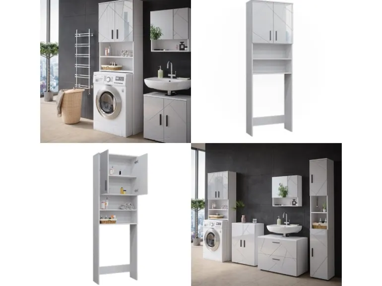 Vicco Waschmaschinenschrank Irma Weiß Hochglanz/Weiß 64 x 191 cm Badezimmerschrank für die Waschmaschine