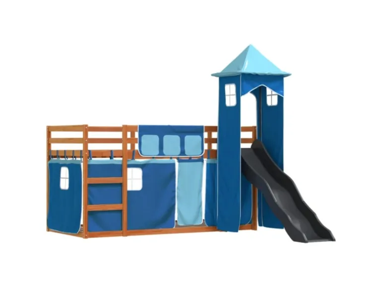 vidaXL Etagenbett mit Rutsche und Gardinen Blau 90x200 cm2097616