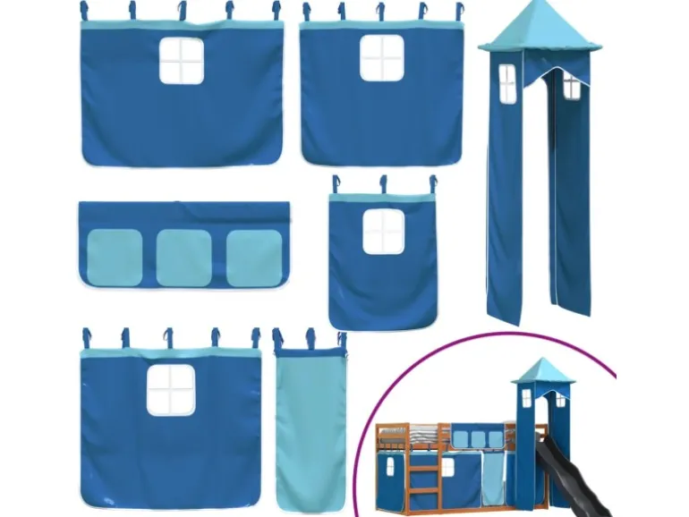 vidaXL Etagenbett mit Rutsche und Gardinen Blau 90x200 cm2097616