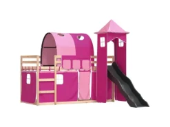 vidaXL Etagenbett mit Rutsche und Gardinen Rosa 80x200 cm2101526