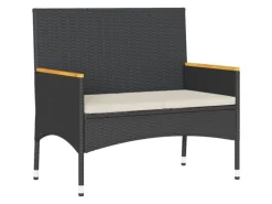 vidaXL Gartenbank 2-Sitzer mit Kissen und Tisch Schwarz Poly Rattan