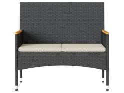 vidaXL Gartenbank 2-Sitzer mit Kissen und Tisch Schwarz Poly Rattan