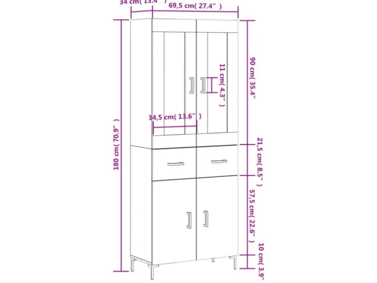 vidaXL Highboard Räuchereiche 69,5x34x180 cm Holzwerkstoff 3198534