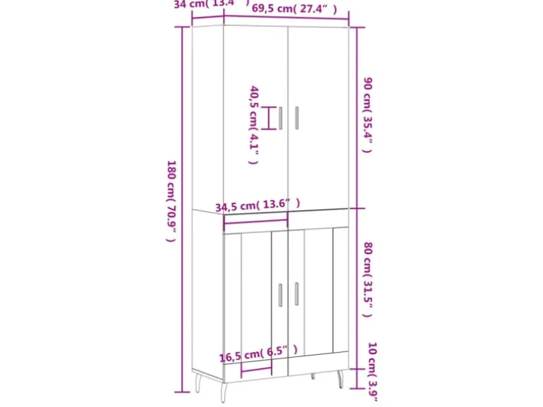 vidaXL Highboard Sonoma-Eiche 69,5x34x180 cm Holzwerkstoff 3195750