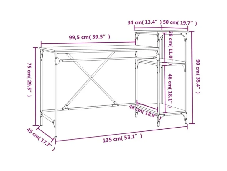 vidaXL Schreibtisch mit Regal Grau Sonoma 135x50x90 cm Holzwerkstoff 826712