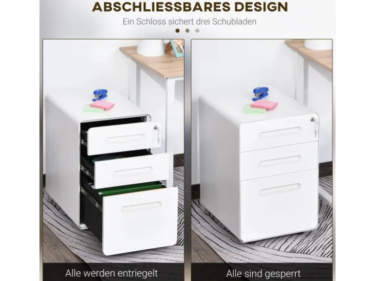 Vinsetto Rollcontainer mit 3 Schubladen Aufbewahrung Stahl Weiß 39 x 48 x 59 cm