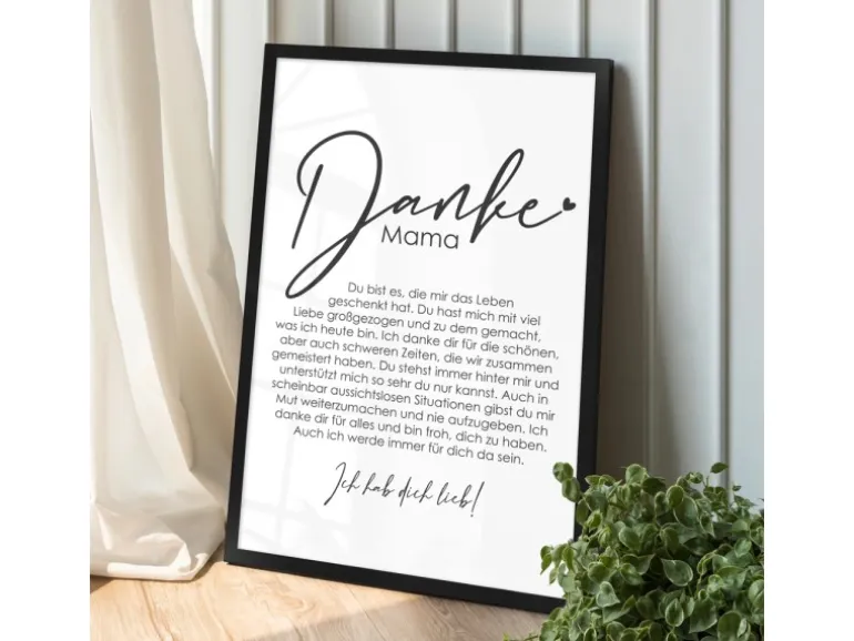 WANDStyle Gerahmtes Poster Danke Mama 30 x 45 cm Geschenkidee für Eine Person