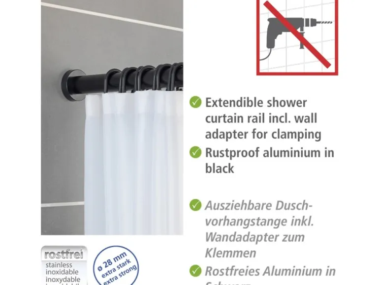 Wenko Teleskop-Duschvorhangstange Luz ausziehbar rostfrei 70 cm - 115 cm Schwarz